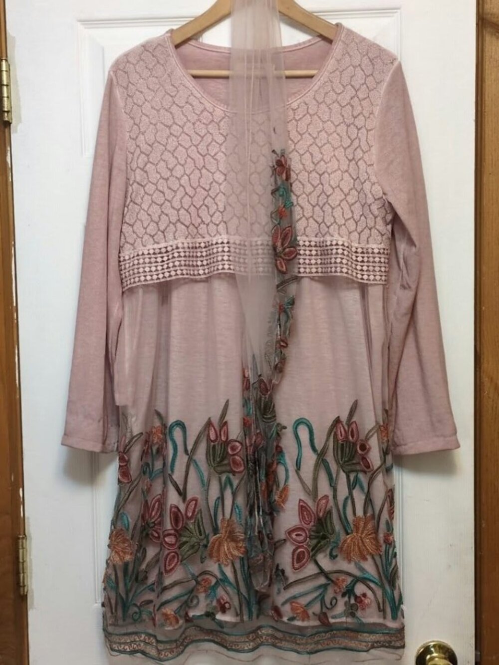 Simply Couture Pink Floral Embroidered Mesh Boho Tunic Dress w Scarf Sz XL